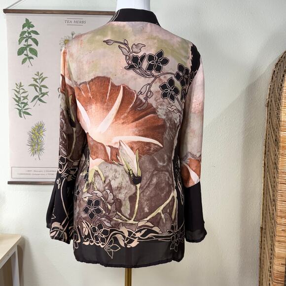 Citron Santa Monica Brown Floral 3/4 Flare Sleeve Silk Top Fairy Grunge Forest M - Picture 4 of 11